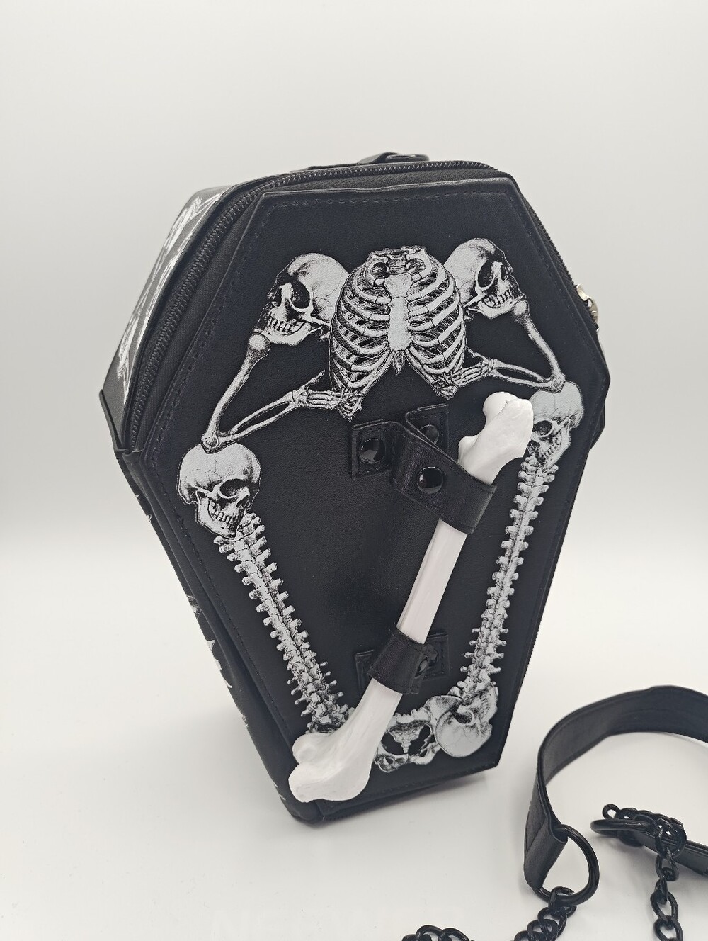 Kreepsville 666 Black Coffin Crossbody Bag with Skeleton Bone Accent Top Handle